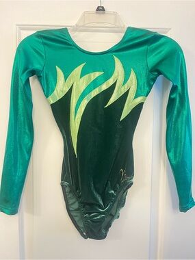 Milano 32” Emerald Lime Green Flame Metallic Long-Sleeve Gymnastics Leotard CXL